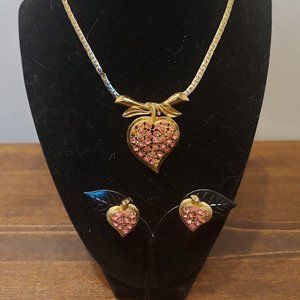 Vintage Pink Rhinestone Heart Apple Set - Damaged